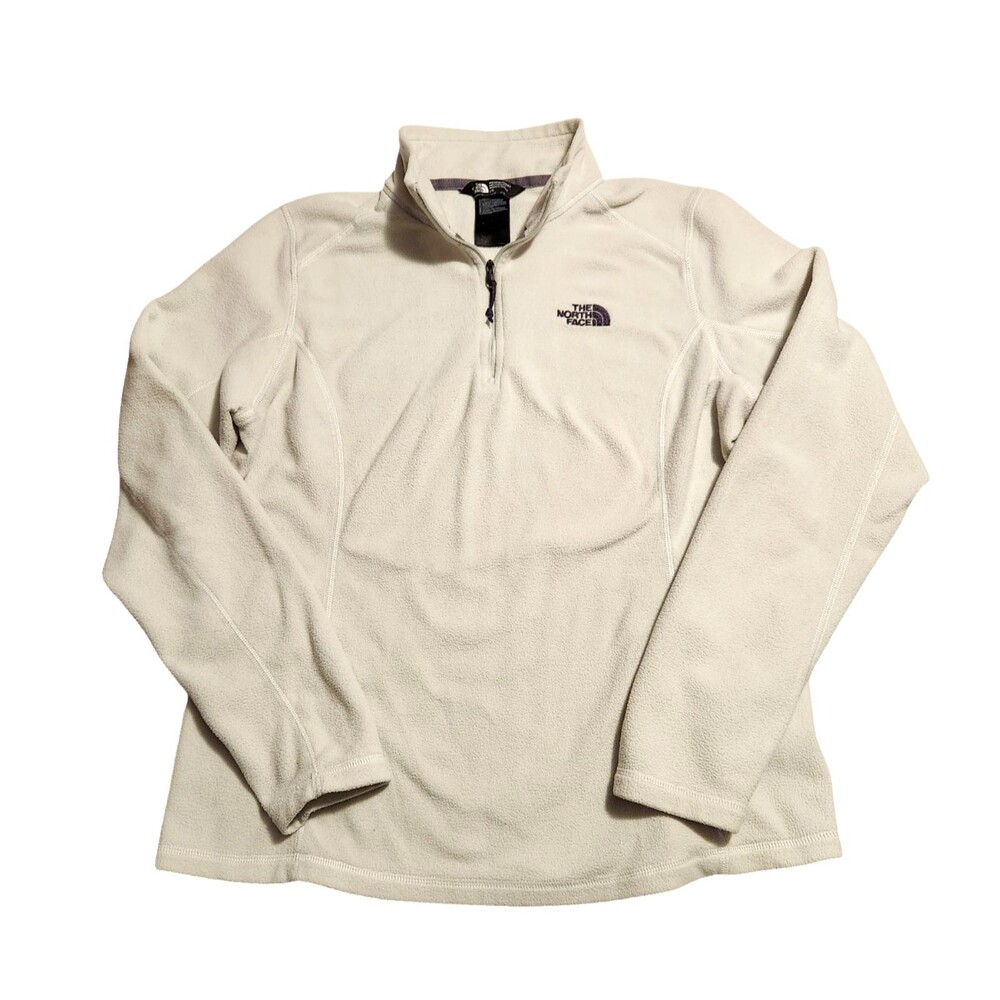 The North Face 1/4 Zip Pullover Fleece Top Off-White w/ Purple Logo Womens Large